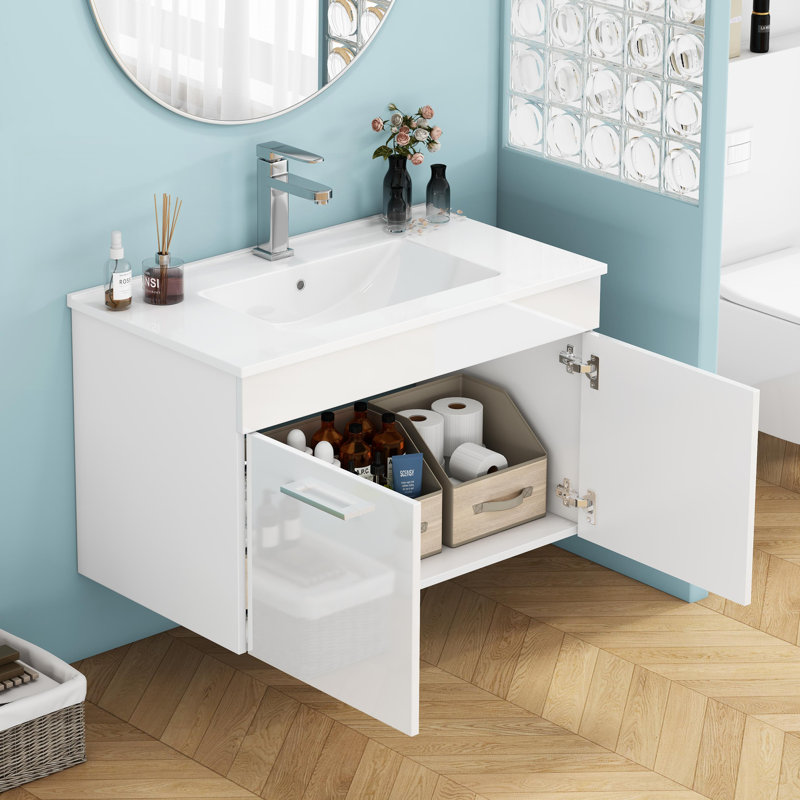 Meuble-lavabo mural 32 po avec lavabo, charnières à fermeture en douceur et finition blanche brillante pour les salles de bain modernes