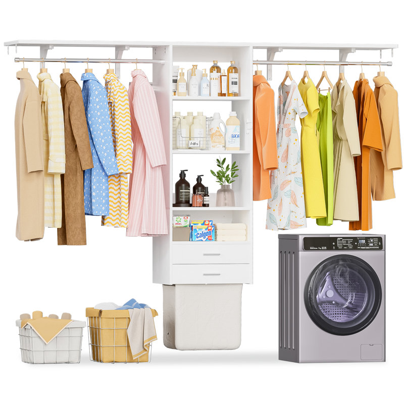 8FT Closet System with 2 Drawes and Fabric Bags, Wall Mounted Laundry Room Organizer, White