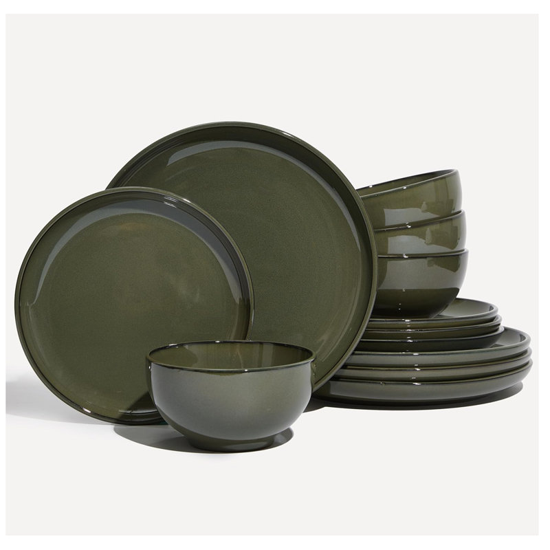 Service de vaisselle 12 pièces en grès, assiettes émaillées réactives et service de bols pour 4, vert noirâtre, Vert noirci