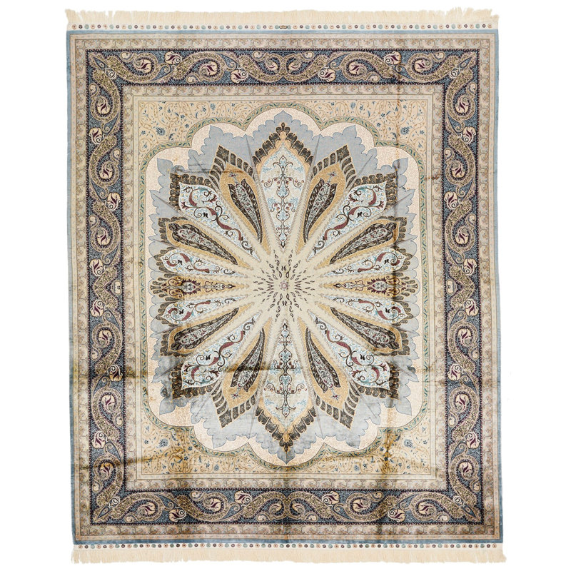 8x10 Light Green and Navy Turkish Silk Rug