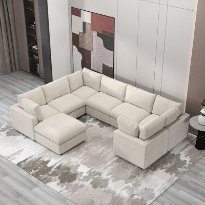 Kessi 8-Piece Upholstered Modern Chenille Fabric Modular Sectional Sofa With Ottoman