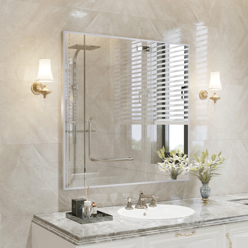 Sartori Aluminum Framed Rectangular Vanity Wall Mounted Mirror, Brushed Nickel, 36" x 36"