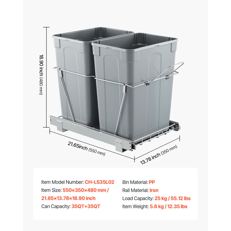 Poubelle coulissante pour armoires de cuisine, 35 QT x2, double bac à déchets sous évier, contenant à déchets encastré, avec système coulissant à extension complète en métal robuste et poignée.