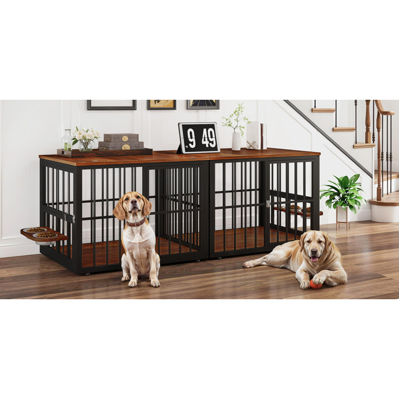 Cage pour chien polyvalente à deux chenils avec bols rotatifs, Brown, H 33 po x l 86,6 po x P 29,9 po