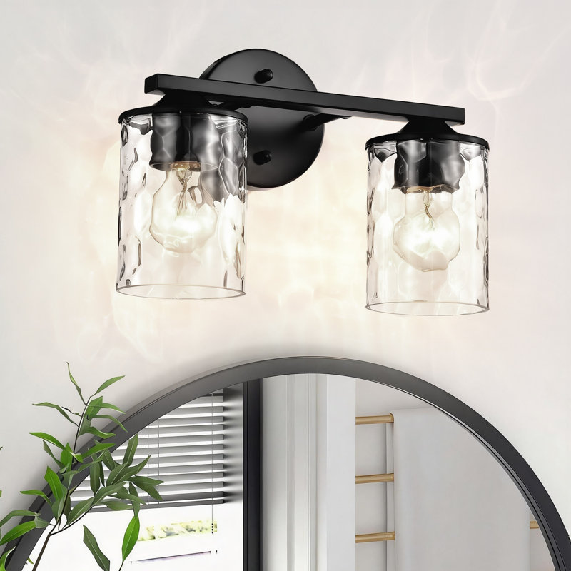  2 lumières 13 po Éclairage pour meuble-lavabo noir mat avec abat-jour en verre transparent martelé, Noir mat, Deux lumières