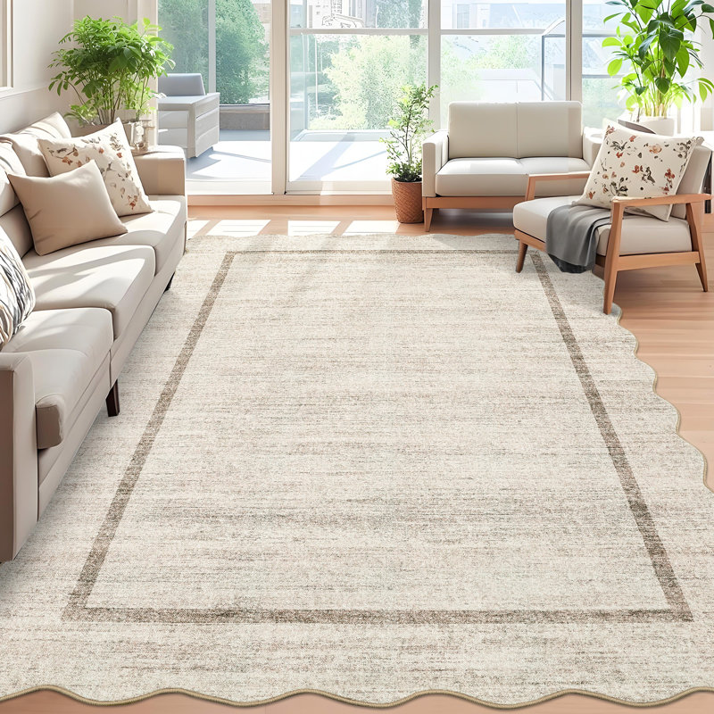 Scalloped Machine Washable Rug Non-Slip Bordered Floor Mats Non-Shedding Soft Low Pile Modern Accent Rugs for Living Room Bedroom Office