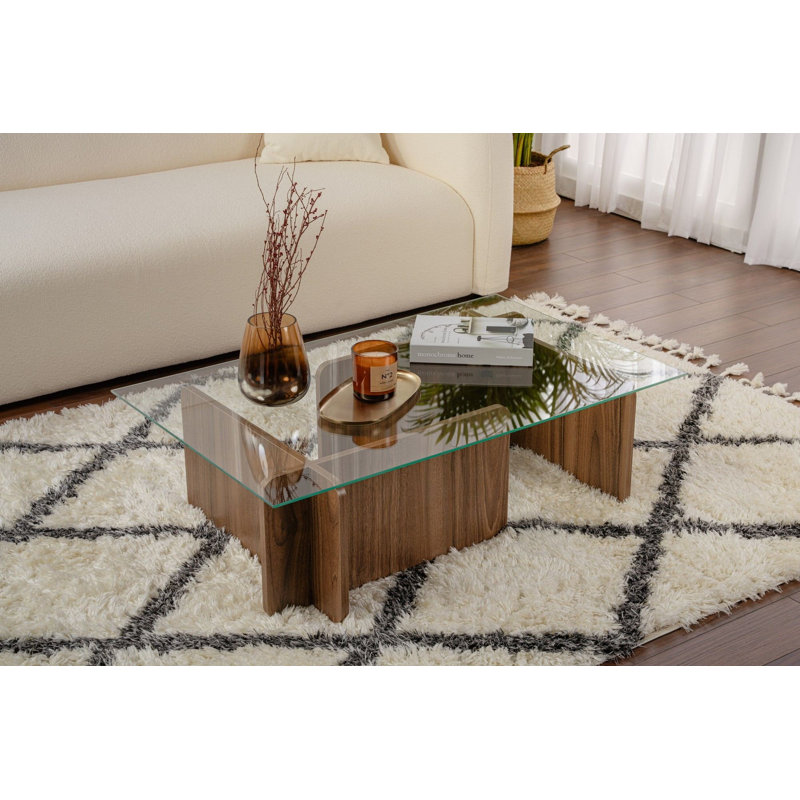 Modern Coffee Table, Walnut Finish, 41.3 x 11.8 x 25.6 inches | 100% Tempered Glass Top & 100% Melamine Coated Particle Board Frame, Thickness: 0.7 inches | Stylish & Functional for Living Room & Lounge Spaces