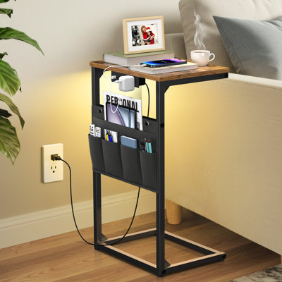 27“ C shaped Side Table with Charging Port, Small End Table with LED Light & Storage Bag,Nightstand for Living Room