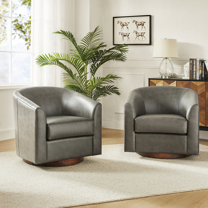 Amiir Morden Vegan Leather Swivel Barrel Chair with Solid Wood Legs (Set Of 2), Gray Faux Leather