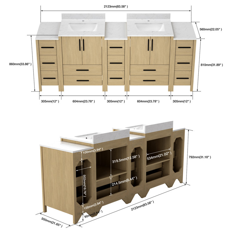 Meuble-lavabo autoportant double vasque de 213 cm (84 po) avec comptoir blanc, panneau à recouvrement, système combinable, rails, installation facile, style minimaliste moderne.