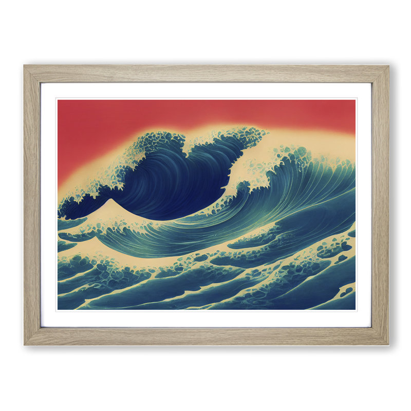 Japanese Wave Sunset - Single Picture Frame Print, 46cm H x 64cm W x 2cm D, Oak