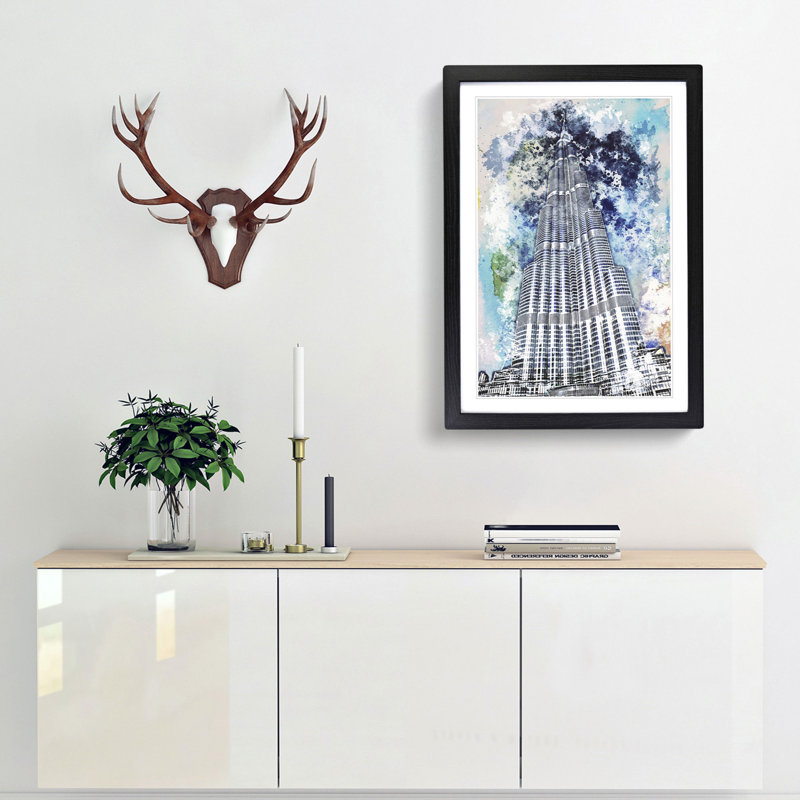 Burj Khalifa Skyscraper Dubai in Abstract - Picture Frame Painting Print, 36cm H x 27cm W x 2cm D, Black Framed