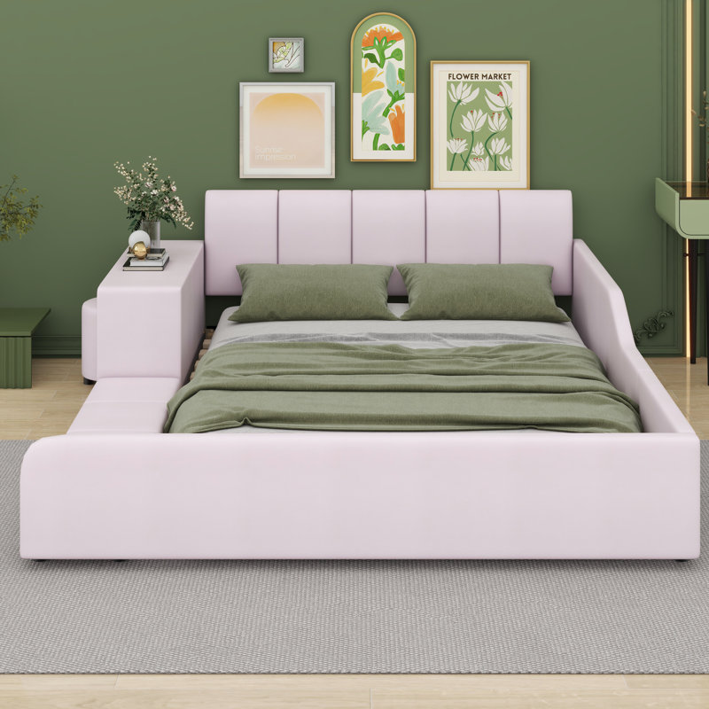 Lit plateforme tapissier avec rangement Leavie, Rose, Grand