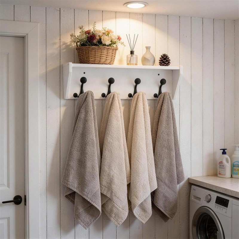 Porte-manteau mural de 61 cm avec tablette, 4 crochets triples, organisateur robuste en bois massif, rangement d'entrée blanc