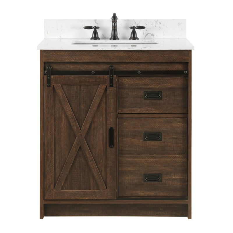 Jillian 30'' Single Bathroom Vanity with Engineered Stone Top, Rustic Brown/Matt Black