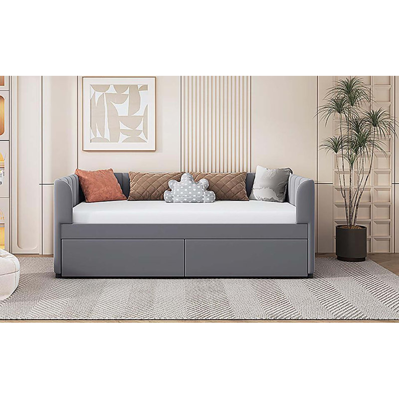 Lit de jour simple rembourré avec dossier ergonomique et 2 tiroirs, gris, Gris