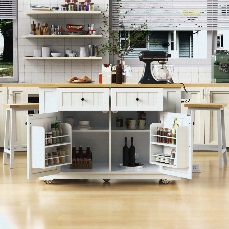 48 inch Kitchen Island with Drop Leaf,Power Outlet,Internal Storage Rack,Rolling Kitchen Storage Cart on 5 Wheels with 5 Open Side Racks for Kitchen,White