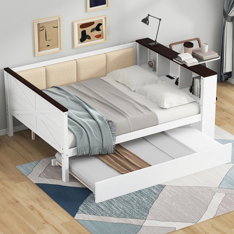 Full Size Wood Daybed with Storage Shelves, Upholstered Backrest,USB and Trundle, White, Full/Double