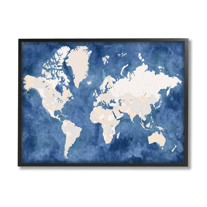 «Country Border World Map Deep Blue Ocean», impression, H 24 po x l 30 po x 1,5 po, Giclée encadrée noir minuit