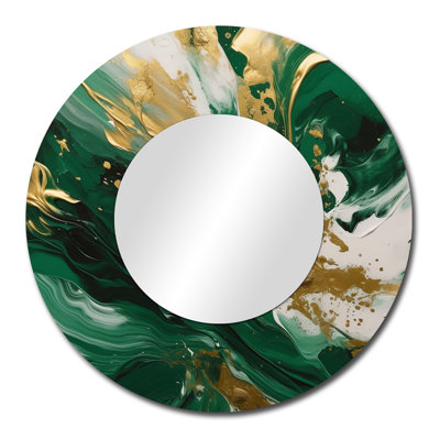 Vert et or Serene Cascade II - miroir abstrait, miroir mural rond vert unique, impression sur métal