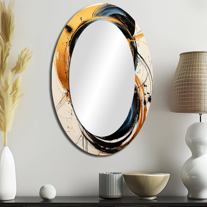 Abstract Circle In Blue And Gold Tones I - Black Modern Oval Wall Mirror, 36" x 24"