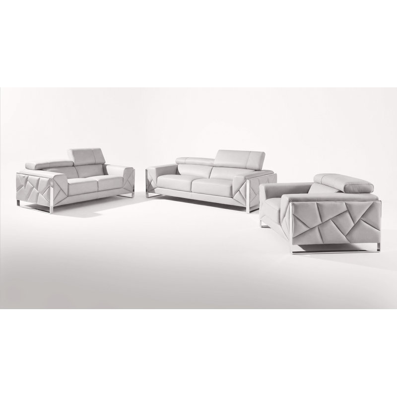 Ensemble de canapé, causeuse et chaise en cuir véritable gris clair 3 pièces avec appuis-tête réglables, Gris clair
