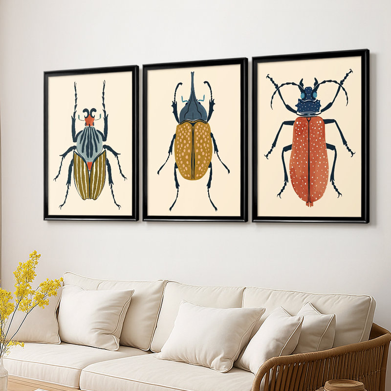 Beetle Bug I  -Custom Framed  Wrapped Gallery Canvas - 3 Pieces, Black, 21" H x 30" W