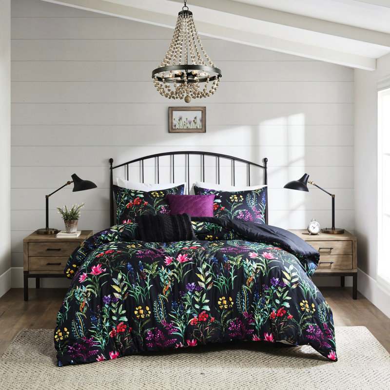 Édredon 5 pièces pour lit double / grand, noir avec motif botanique fascinant, 2 coussins décoratifs, taies décoratives assorties, lavable à la machine double / grand, pièce, élément imprimé,