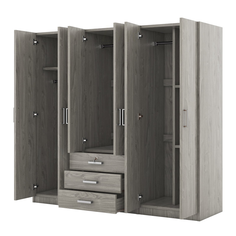 Rangement pour garde-robe en bois à 6 portes avec 6 grands tiroirs, Gray