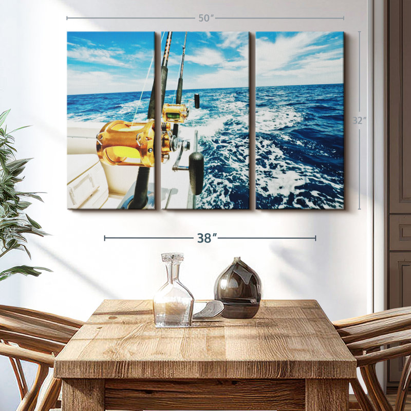 «Ocean Fishing Reels», 3 pièces sur toile, H 32 po x l 50 po x P 1,25 po