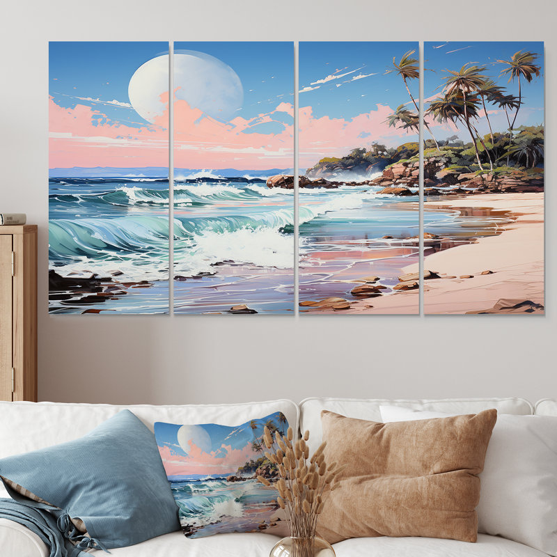 «Green Tropical Beach Escape II - Coastal Tropical», art mural 4 pièces pour le salon, H 32 po x l 64 po