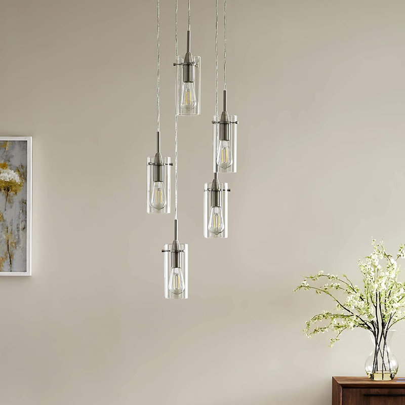 Luminaire suspendu cylindrique à 5 lumières Angelina, Nickel brossé, Transparent