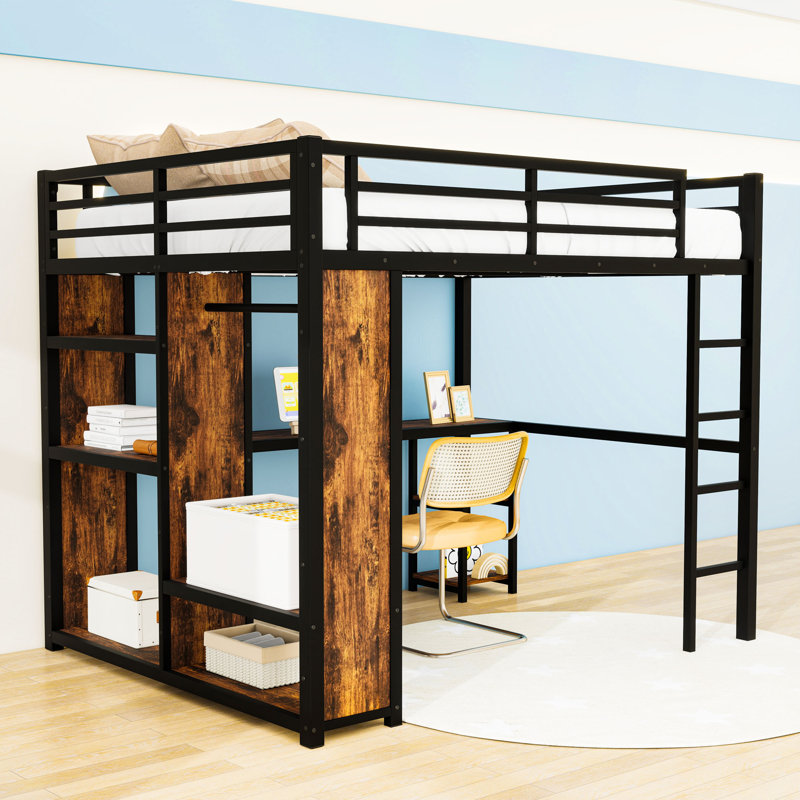 Metal Loft Bed with Wardrobe and Desk, Black, Queen