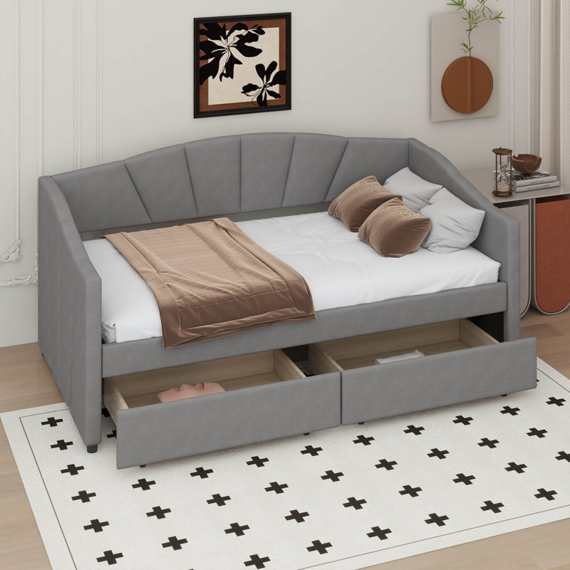 Lit de jour simple en coin avec 2 tiroirs, Gris