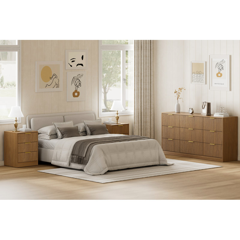 3-Piece 9-Drawer Dresser & 3-Drawer Nightstand Set, Light Walnut