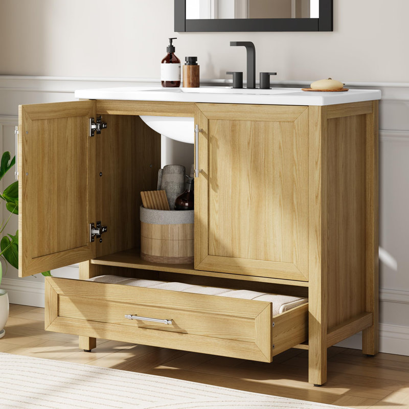36" Bathroom Vanity with Ceramic Basin Storage Cabinet Drawer Soft Closing Doors Single Sink Integral Top for Bathroom