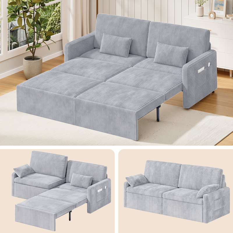 Convertible 6-In-1 Sleeper Sofa Bed, Corduroy Pull Out Couch With 3-Tier Extending Design, Upholstered Sofa With Chaise, Storage Pockets & 2 Cushions For Small Spaces