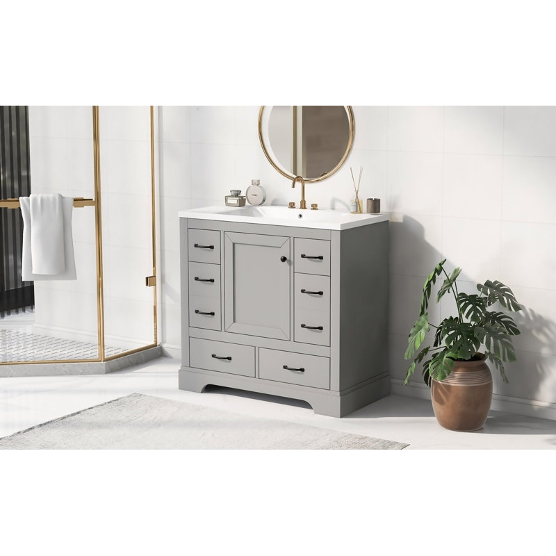 Ensemble de meuble-lavabo 36 po avec évier, six tiroirs, diviseur de tiroir multifonctionnel, tablette réglable, Gris