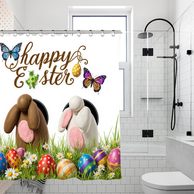 Rideaux de douche Happy Easter Bunnies & Eggs pour salle de bain, 71 po x 71 po, Lapin brun 1