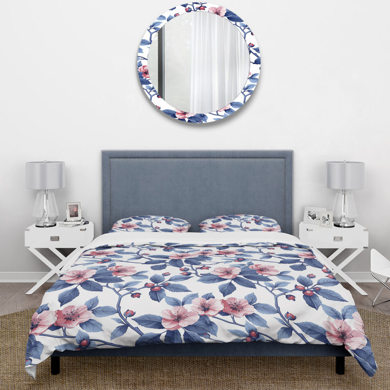 Blue Pink Delicate Floral Dream - Ensemble de housse de couette floral, Housse de couette très grand + 2 taies décorativ