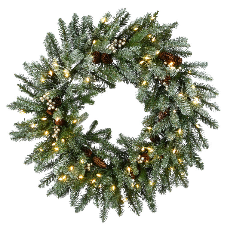 The Holiday Aisle® Snowy Morgan Spruce Wreath with Battery Operated LED Lights