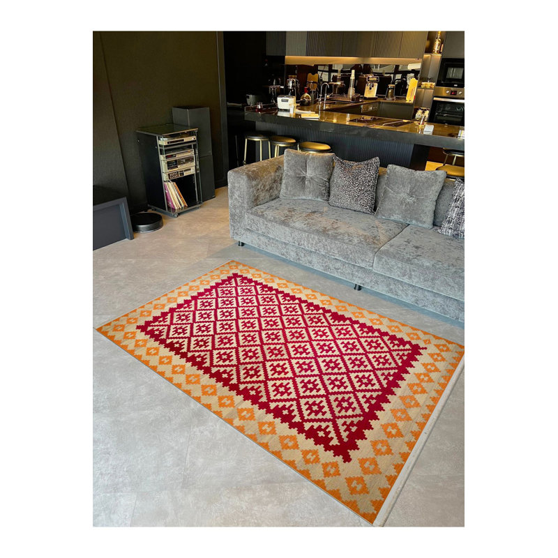 Tapis rouge lavable décoratif à motif tissé rouge et orange, Sous-tapis rectangulaire de 3 pi 3 po x 4 pi 11 po