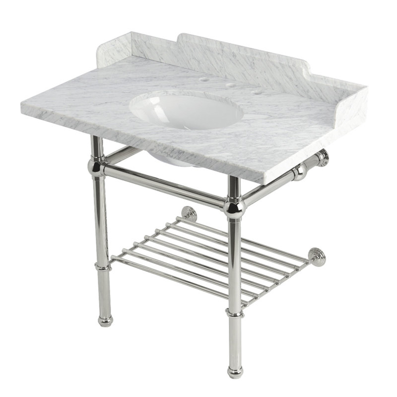 Lavabo console 36 "avec pieds en laiton (8 pouces, 3 trous) Pemberton Kingston Kingston LMS3630MBB1, blanc marbre / chrome poli