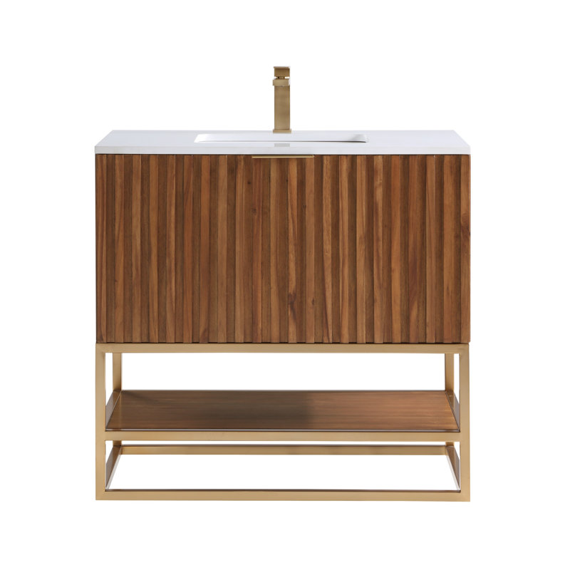 Terra 36'' Single Bathroom Vanity with Top, Walnut, Satin Brass, Calacatta Quartz/Widespread Faucet Mount