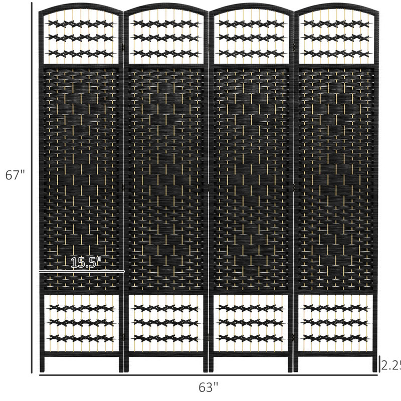 Paravent 4 panneaux, écran d'intimité pliable, 5,6 pi, cloison de séparation en fibre noire, tissé à la main pour le salon, la chambre à coucher, espace intelligent