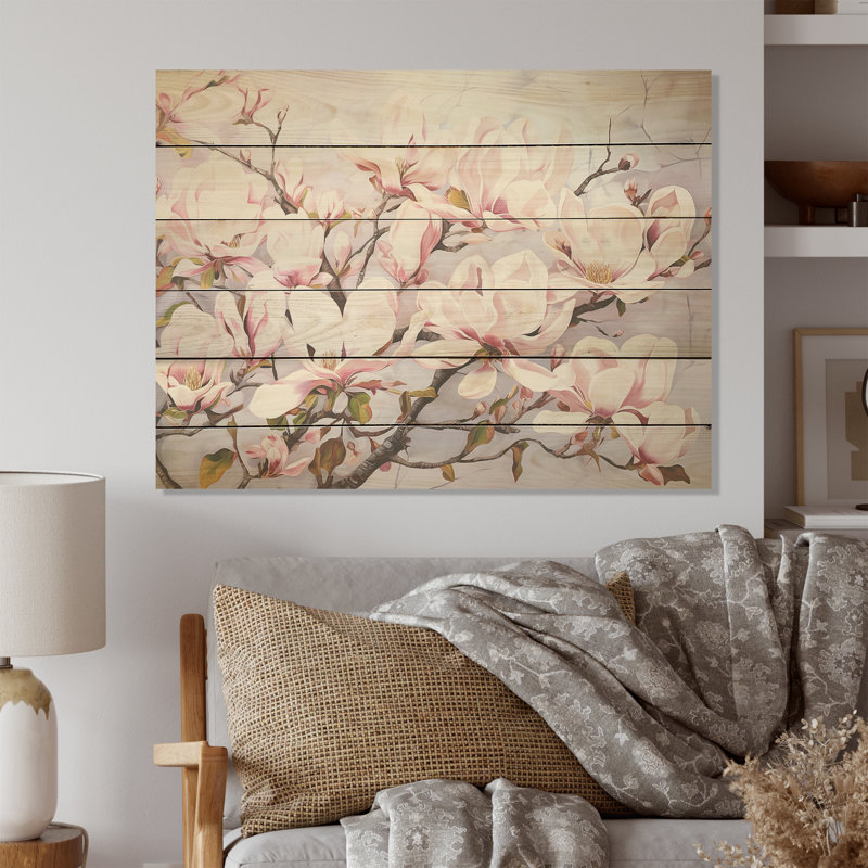 Fleurs de magnolia roses - fleurs, art mural sur bois de pin naturel, H 24 po x l 32 po