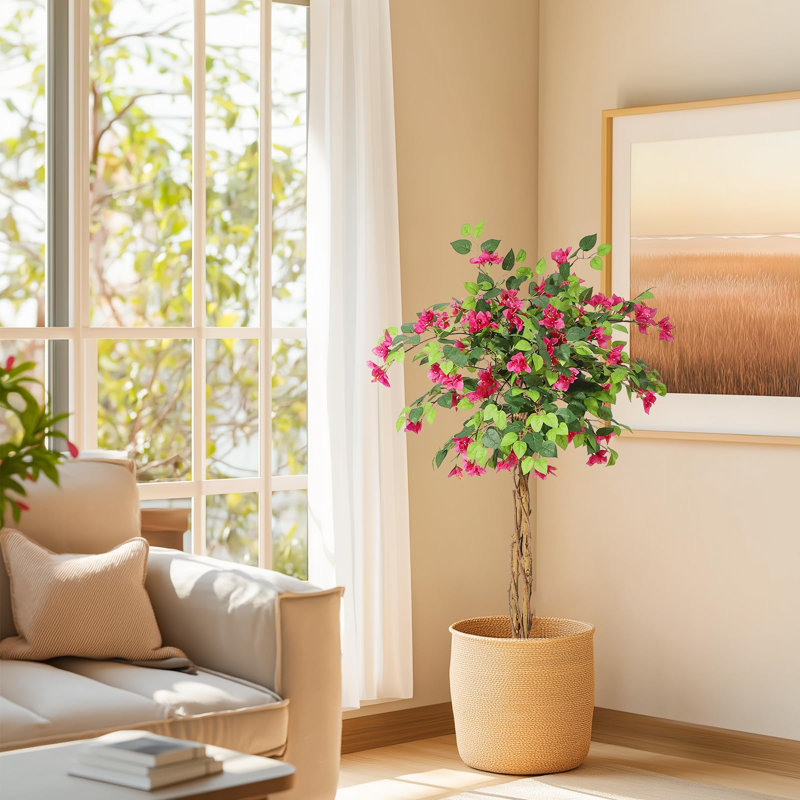 Lifelike Pink Bougainvillea Artificial Tree - Real Touch Faux Plant with Wood Trunk in White Pot - Indoor/Outdoor Home & Office Decor - Maintenance-Free, Decorative Accent - Size: 4ft