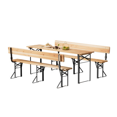 70 In. Rectangle Wood Picnic Table Iron Frame With Backrest Bench Seats