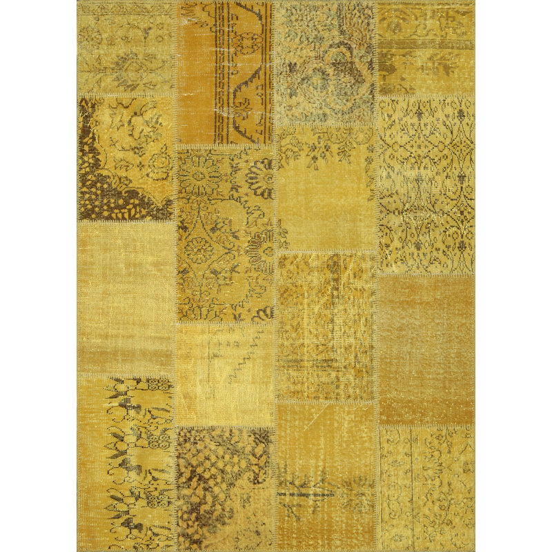 Tapis jaune en laine / coton Patchwork, Rectangle 5 pi 3 po x 7 pi 3 po