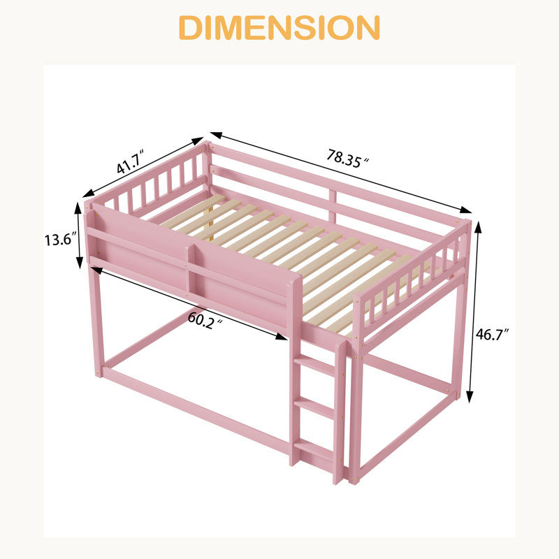 Lit superposé bas simple au-dessus de simple, lit superposé au sol avec échelle, lit superposé simple en bois massif pour enfants et enfants